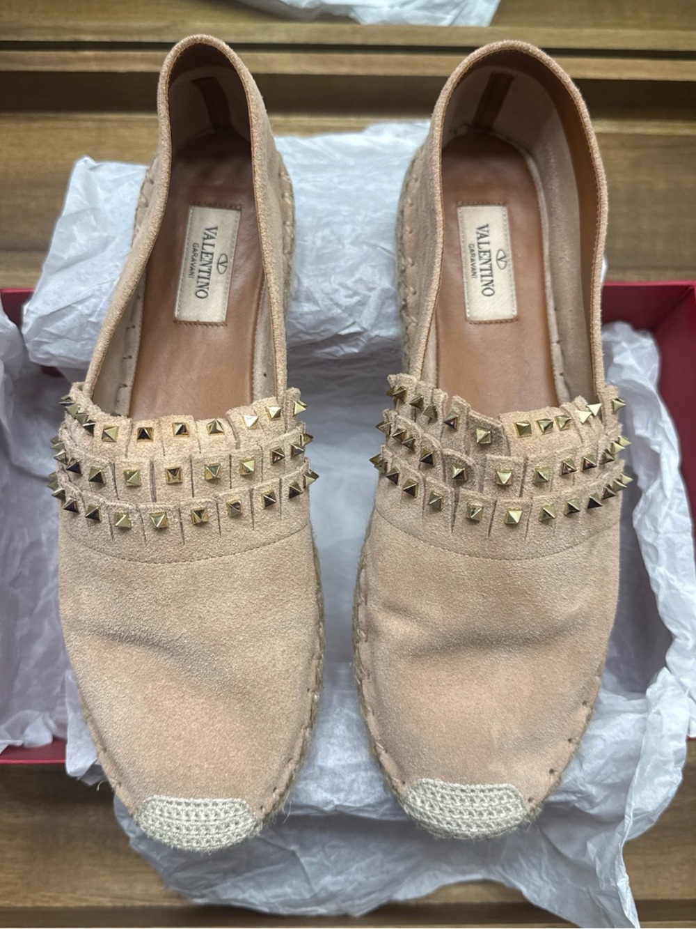 Valentino Beige Suede Studded Espadrille Flats